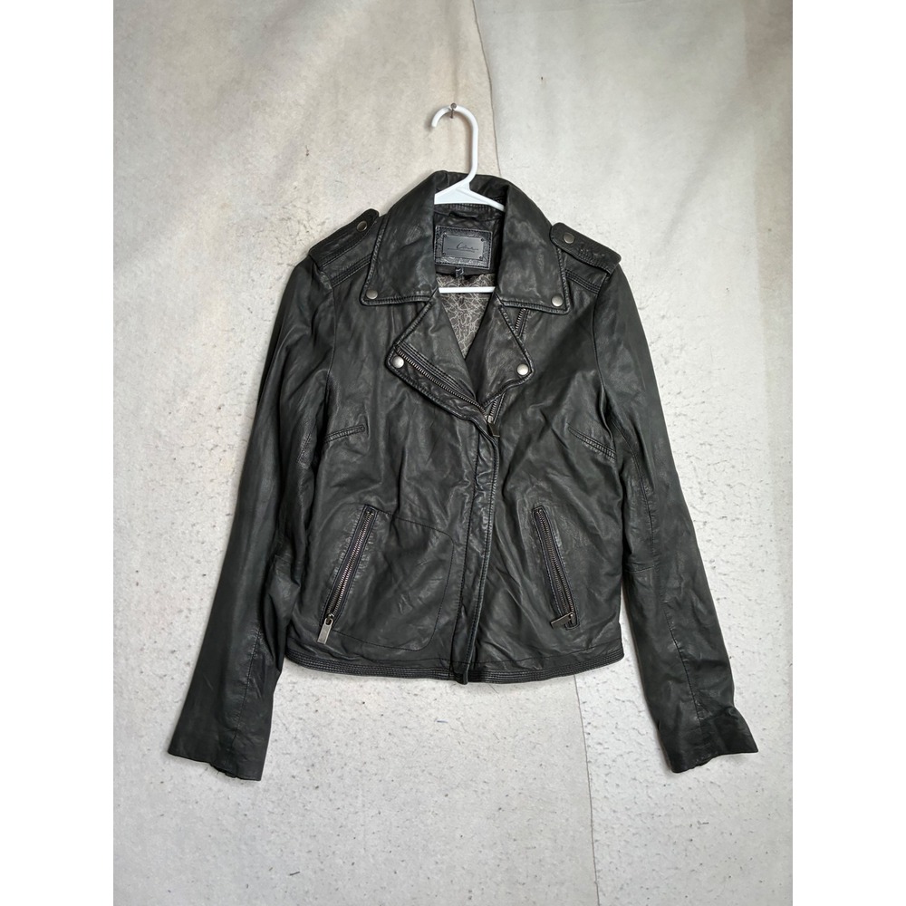 Line Knitwear Grey Sheepskin Leather Moto Biker Jacket Epaulettes Large L/G